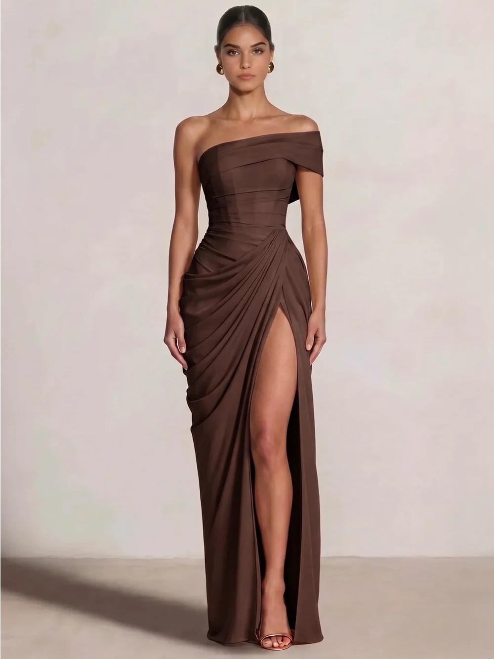 Off-Shoulder Draped Chocolate Brown Evening Gown